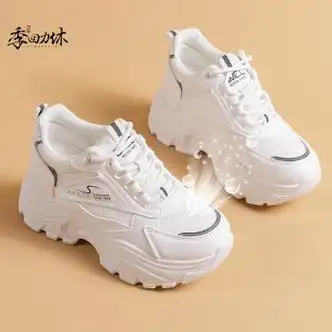 休网面内增高8cm老爹鞋女小个子超火潮2023春秋休闲运动小白鞋白色35