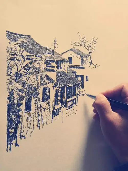 钢笔画创作过程西塘古镇