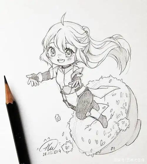 铅笔手绘卡通美少女线稿,画风爱了