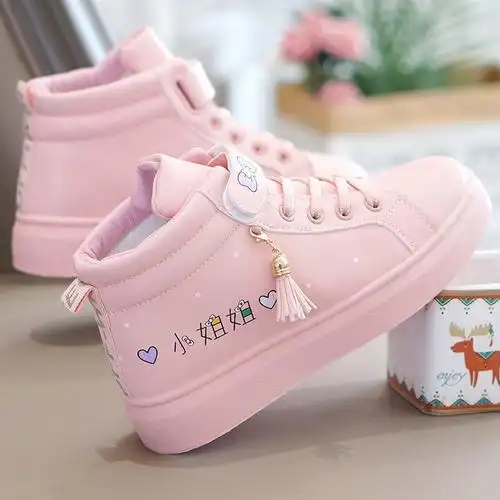 冬季女孩保暖棉鞋加绒高帮小学生平底皮面运动鞋防水女童休闲鞋子