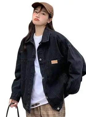 大码宽松牛仔外套女春秋新款学生百搭港味大口袋黑色夹克上衣潮