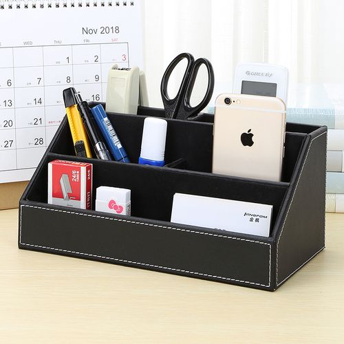 皮革文具笔筒五格多功能创意时尚物品置物架商务办公室桌面收纳盒