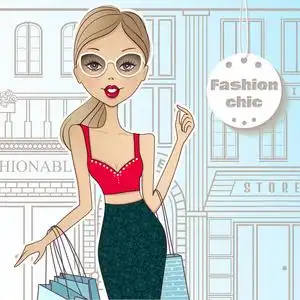 去纽约卡通时尚女孩在街上行走到商店.那个女孩去 s照片