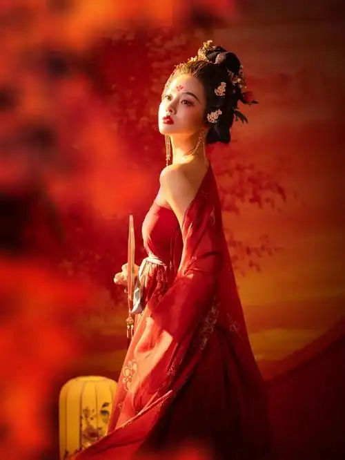 枫叶似火明媚大气的古风美女写真图片