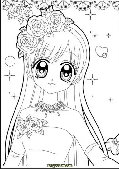 头戴三朵玫瑰花的大眼睛的小公主在线涂色图片大全
