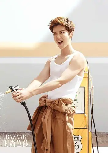 鹿晗拍写真秀身材 披黄金战甲与鹿同行