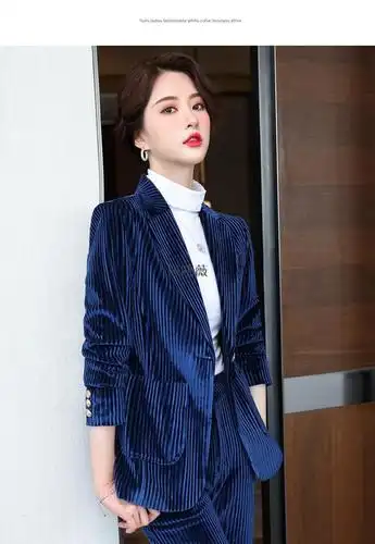 遮肚子金丝绒小西装外套女高端秋冬气质高端蓝色灯芯绒职业西服套装