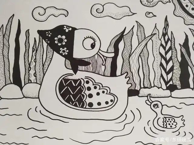 儿童绘画线描:鸭妈妈带小鸭子学游泳