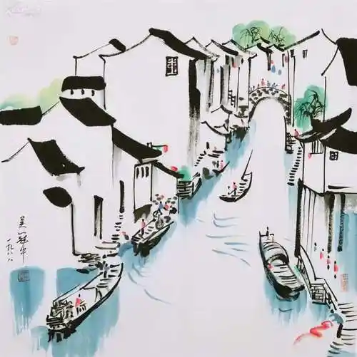 他特别擅长表现江南水乡景色,这种题材的作品充满了诗情画意.67