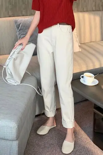 白色牛仔裤女春秋高腰宽松卷边直筒长裤哈伦老爹裤休闲泫雅裤子潮