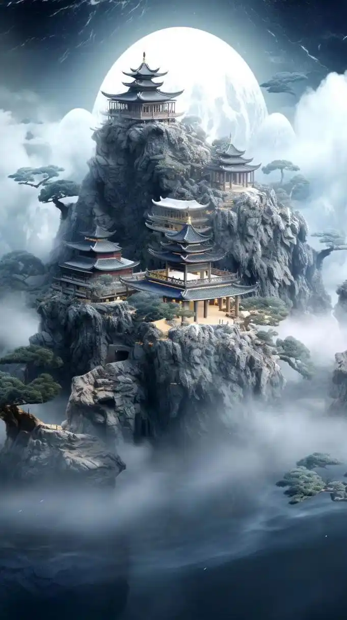 ai生成的一组国风风景插画作品,展现了仙境的景象.