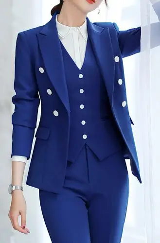 2019春蓝色长袖职业装套装女酒店珠宝店商务工作服职业西装套装