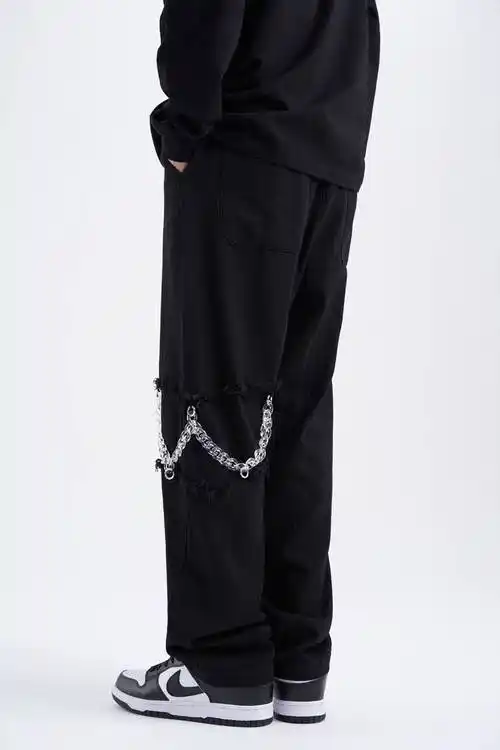 fly off美式黑色链条裤高街ins阔腿裤设计感hiphop直筒裤子男 黑色 s