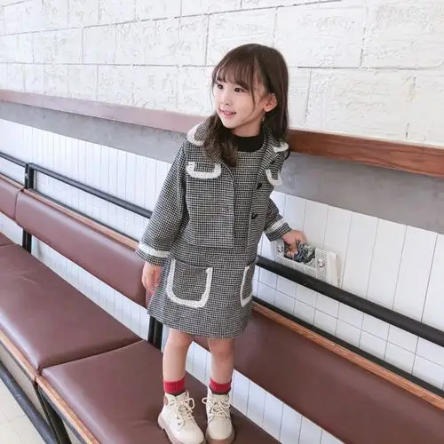 女童秋装外套 连衣裙儿童洋气格子两件套1-4女宝宝小香风套装