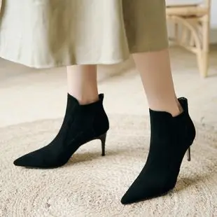 冬季新款舒适牛皮磨砂保暖女士短靴高跟细跟尖头马丁靴鞋厂家直销