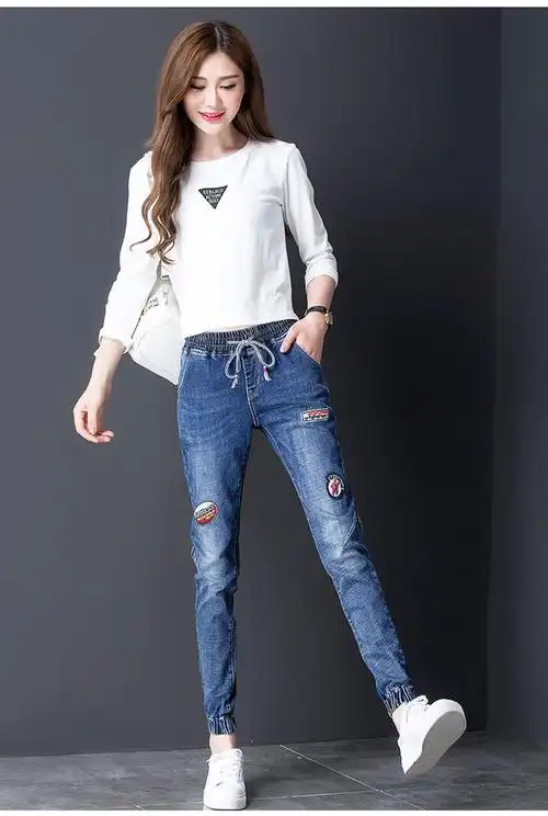 秋装女装松紧腰牛仔裤女长裤百搭韩版显瘦宽松哈伦裤女束脚小脚裤