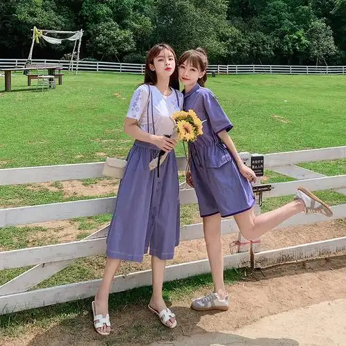 两人双子不一样闺蜜套装姐妹装夏季宽松学生网红潮背带裙连体裤