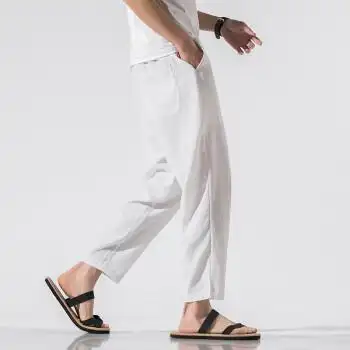 亚麻裤男夏薄款九分裤中国风男裤直筒宽松棉麻裤子潮牌运动休闲裤白色