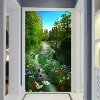 玄关背景墙装饰3d立体过道走廊墙纸竖版壁画5d视觉延伸风景壁纸