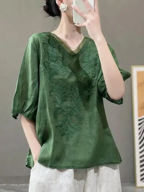 夏季新款刺绣苎麻百搭时尚棉麻衬衫上衣复古衬衫女宽松短袖女 - 17网