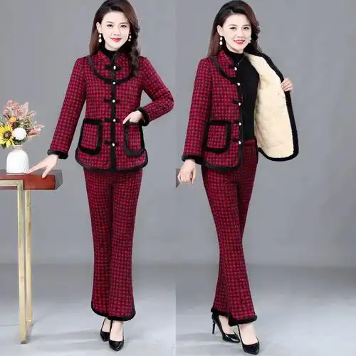 中年妇女棉袄棉裤套装格子棉衣外套秋冬季中老年女装妈妈加绒套装