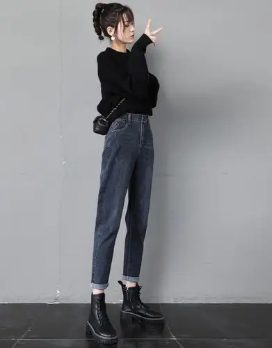 哈伦牛仔裤女直筒宽松2021年新款春秋高腰显瘦萝卜老爹女裤子