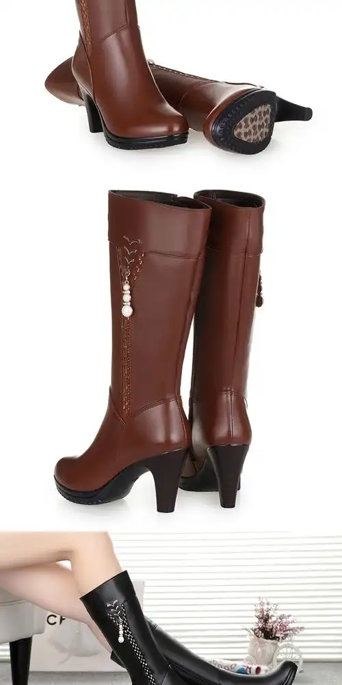 冬季新款真皮妈妈中筒靴女靴中跟及膝靴骑士靴保暖棉靴高筒靴子 黑色