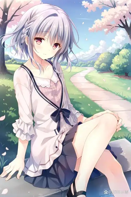 樱花飘落的春日午后,一位银发粉眸的少女静坐在石头上,笑容如春风拂面