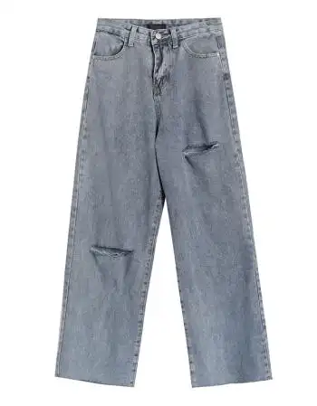 浪莎 破洞牛仔裤女宽松夏季裤高腰显瘦垂感直筒阔腿裤拖地长裤薄款裤