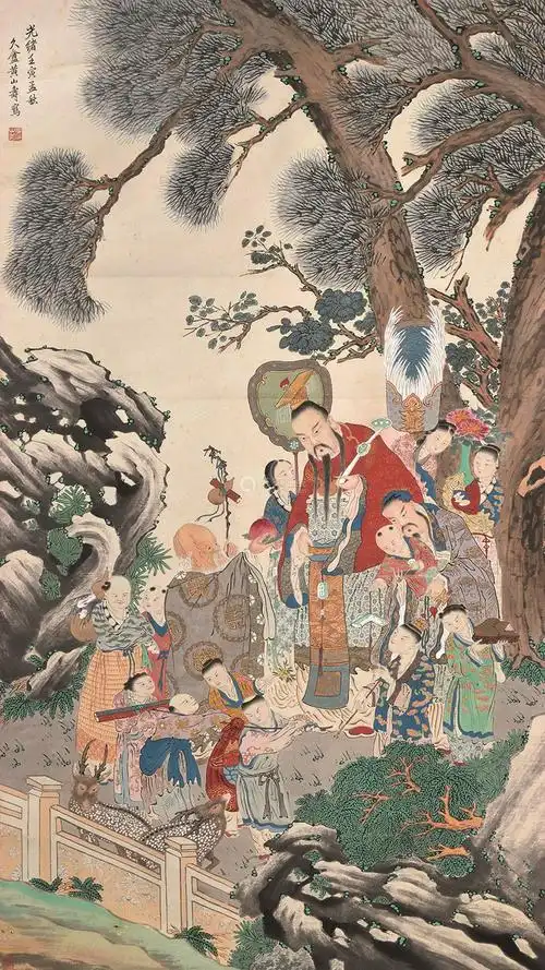 lot.52668黄山寿 1902年作 福禄寿三星 立轴 设色纸本