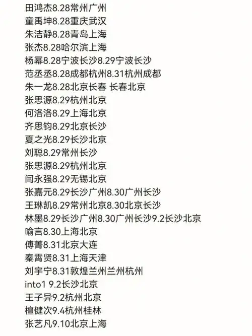 28青岛上海张杰8.28哈尔滨上海杨幂8.28宁波长沙8.29宁波长沙范丞丞8.