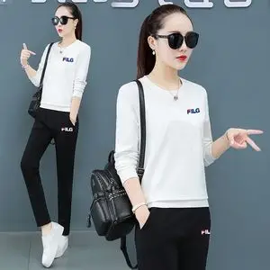 菲潮斐乐运动服套装女2021新款春季韩版圆领长袖卫衣服休闲两件套