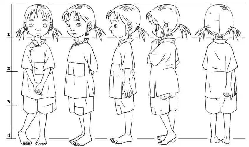 动画人物女孩正面侧面背面及表情线稿