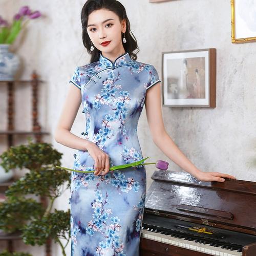 钱塘佳人2024夏真丝紫色旗袍改良印花年轻日常款显高显瘦气质优雅