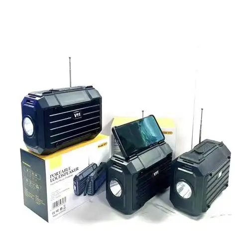 非洲新款v11蓝牙音箱 插卡天线收音机手提户外大手电筒太阳能音响
