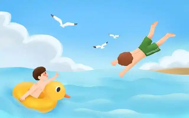 手绘卡通蓝色夏天大暑清新夏日大海游泳素材原创插画海报素材