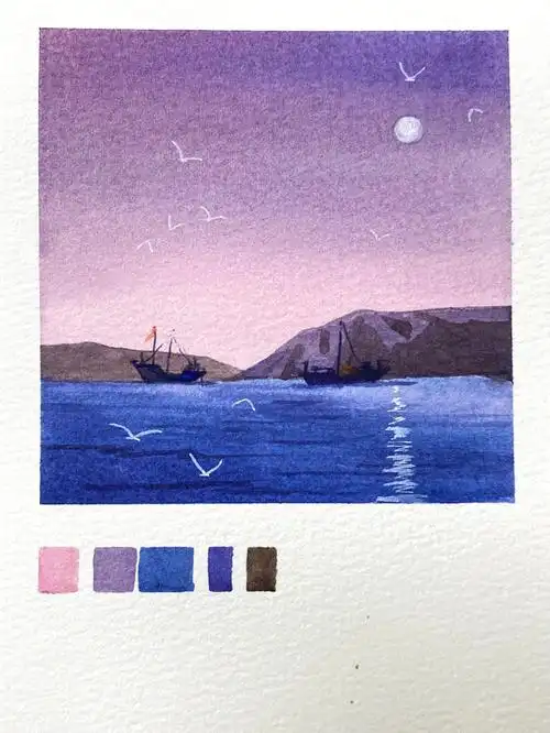 水彩风景浪漫简单海上明月入门图文教程