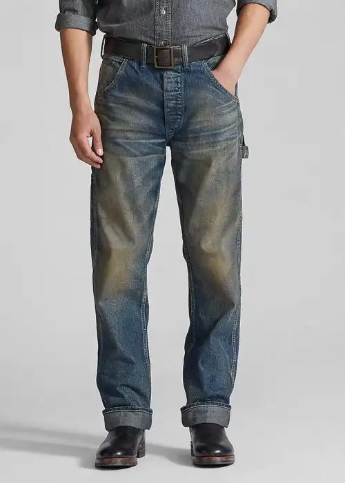 现货rrl日本面料中腰直筒裤型黄泥洗伐木工装牛仔裤straight fit