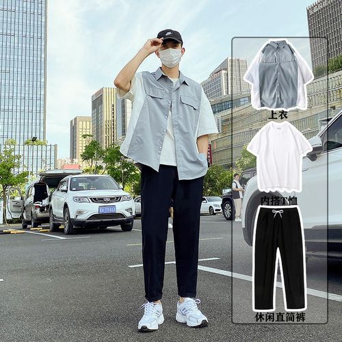 夏季文艺男装短袖衬衫ins韩版个性男生小哥哥穿搭半袖衬衣服套装