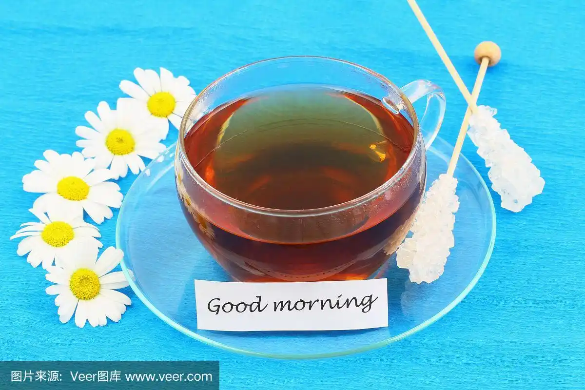 早上好,一杯茶和白色雏菊