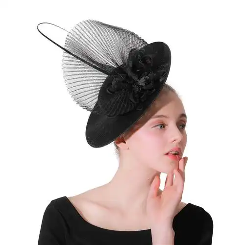 欧美新款网纱新娘发饰宴会晚会演出主持羽毛黑色小礼帽子一件代发