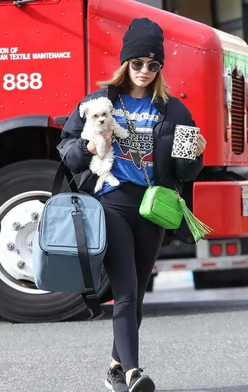 露西·海尔戴着毛线帽太可爱,抱白色狗狗背香奈儿包包,太潮了