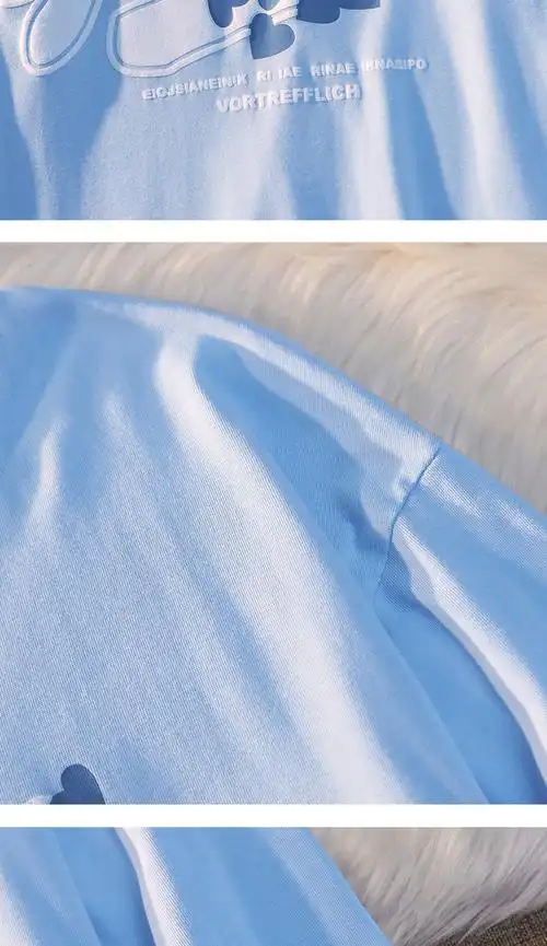 【200克纯棉 领后包 发泡印】奶蓝色短袖t恤女夏季宽松设计感 - 17网