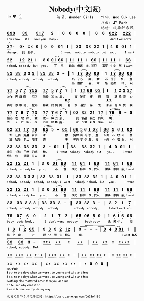 nobody(中文版)简谱该歌谱演奏者为wonder girls,歌曲名称为nobody