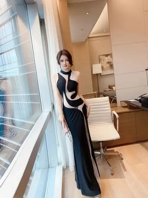 气质名媛夜店连衣裙性感网纱拼接鱼尾镂空长款晚礼服佳丽工装裙