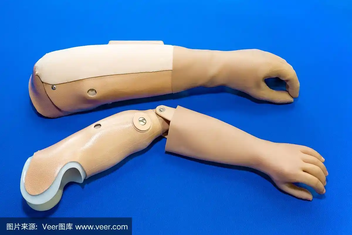 蓝色背景上的一对假臂.