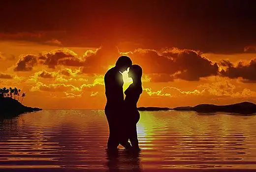 情侣,海滩,日落