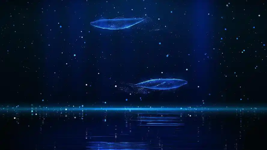 4k夜晚夜光鲸鱼粒子光影游动水面背景大鱼海棠背景
