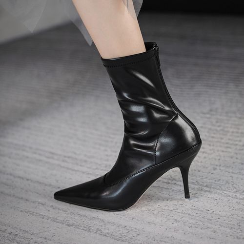 王炸~巨显瘦~真皮尖头弹力靴细跟短靴女气质高跟裸靴短筒瘦瘦靴秋