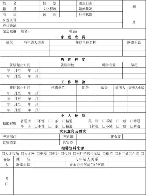 入职简历表